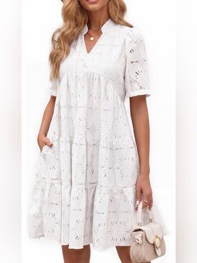 White Eyelet Tiered V-Neck Midi Dress
